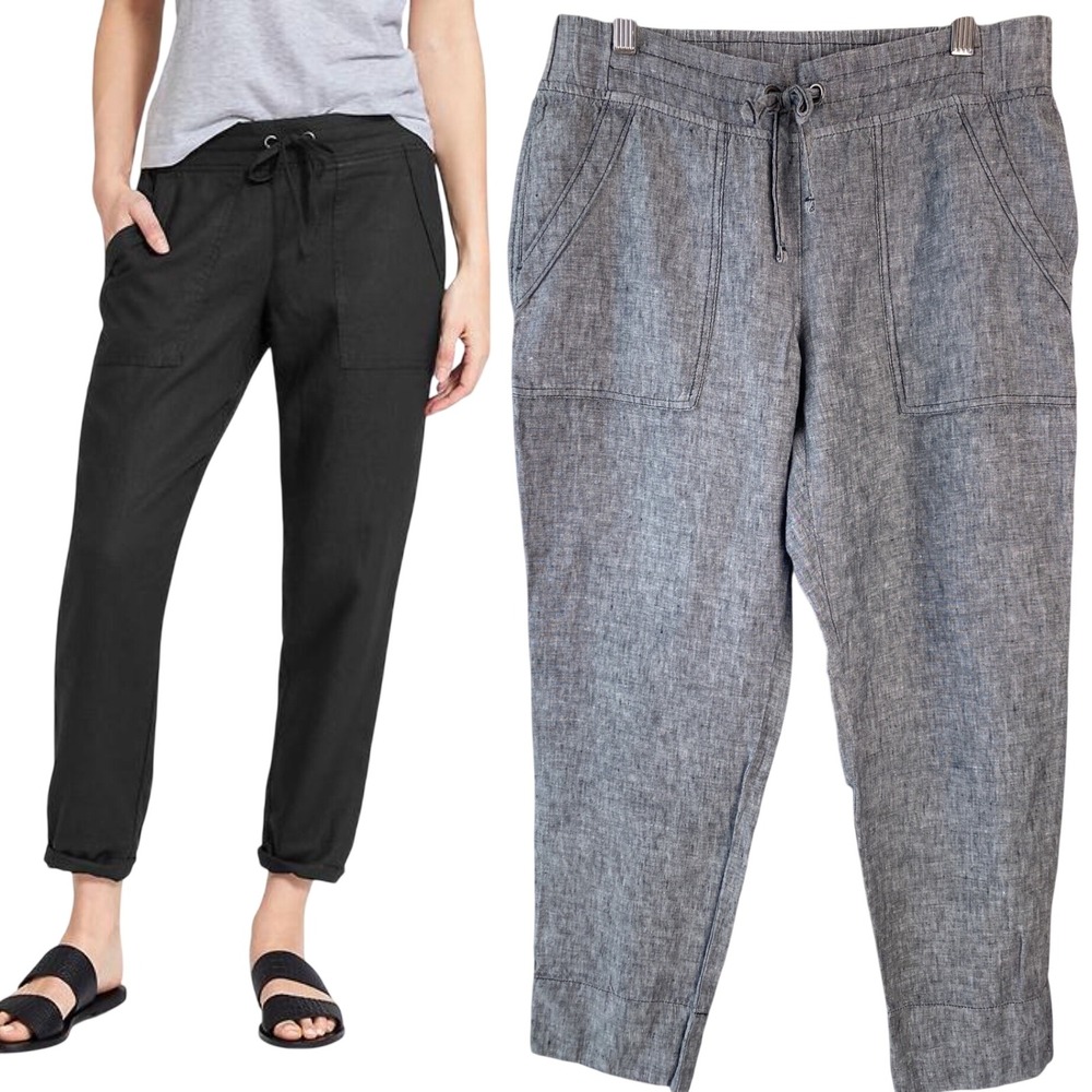 Athleta Linen Tapered Pants 10 Gray Drawstring Coastal Minimalist Pull On Travel